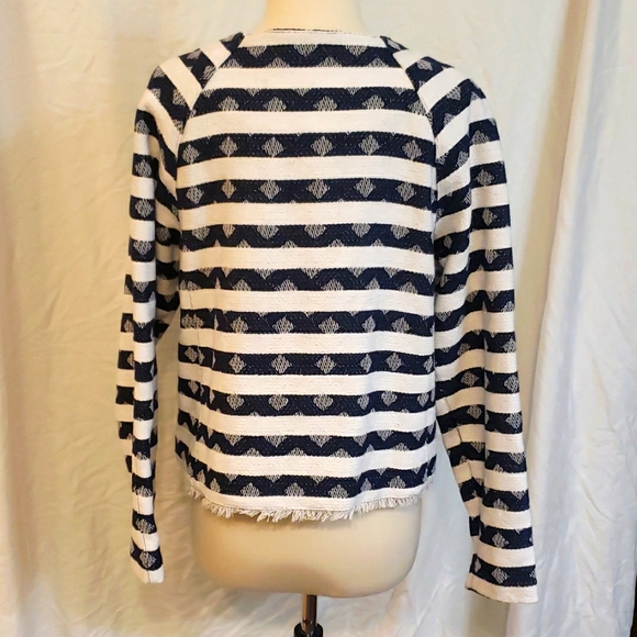 NAVY & WHITE STRIPED DIAMOND ZIGZAG BLAZER PREPPY COASTAL NAUTICAL RAW EDGE NWT - Picture 5 of 10